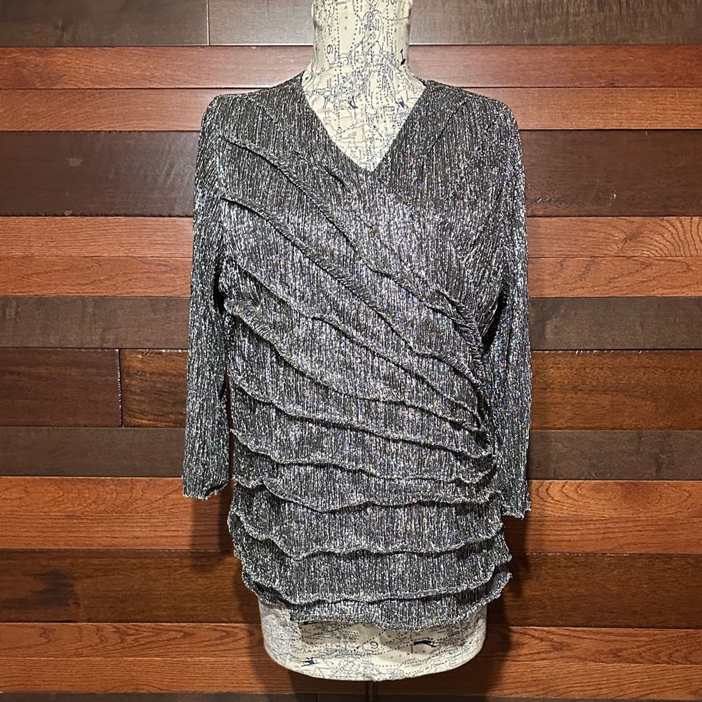 CJ Banks Silver Metallic Ruffled V-Neck Blouse